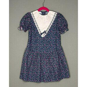 VTG 1980s Kids More 100% Cotton Lace Collar Floral Prairie Cottage Dress
